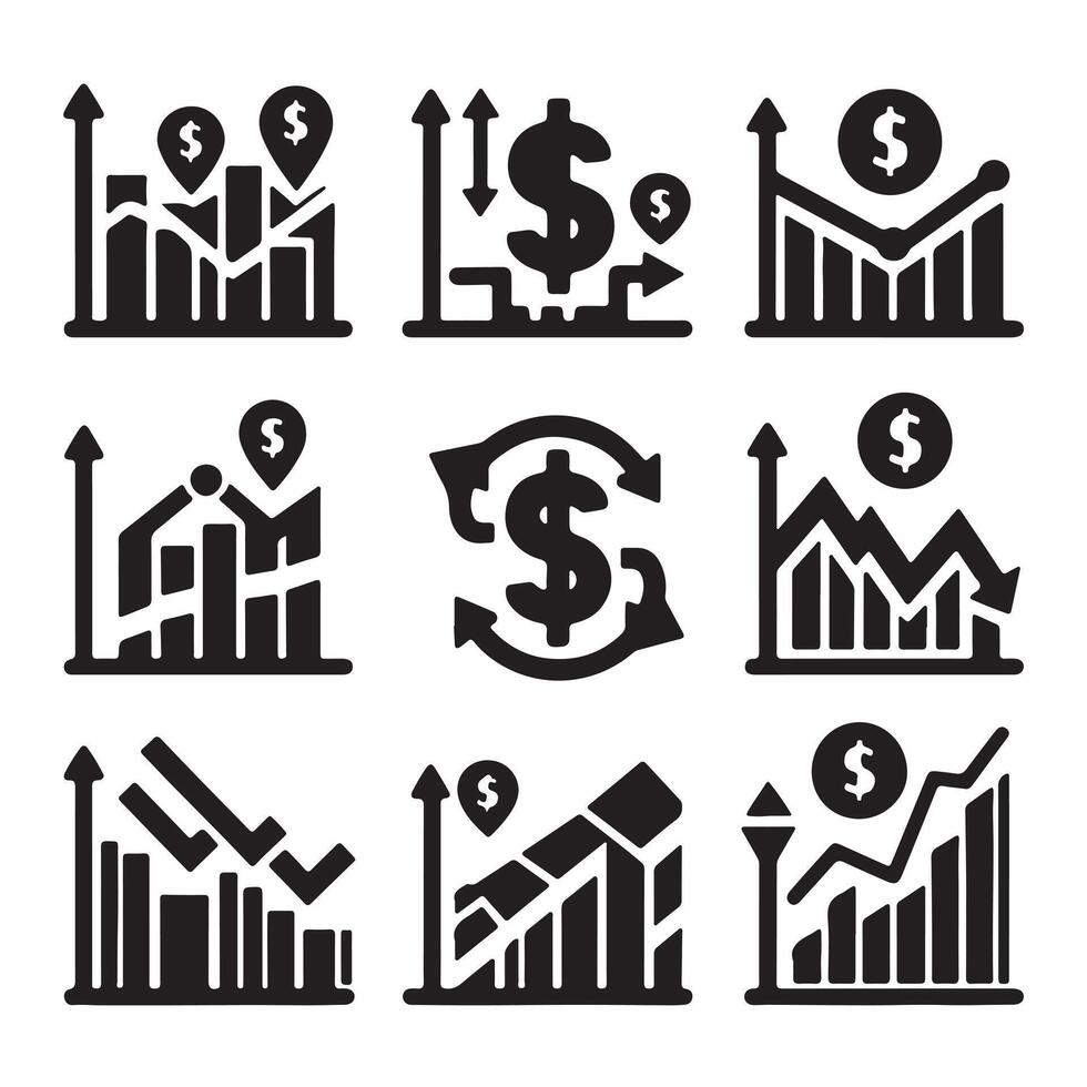 Set of chart icons with dollar sign in even silhouette on a white background. The graph shows downward and upward trends. vector