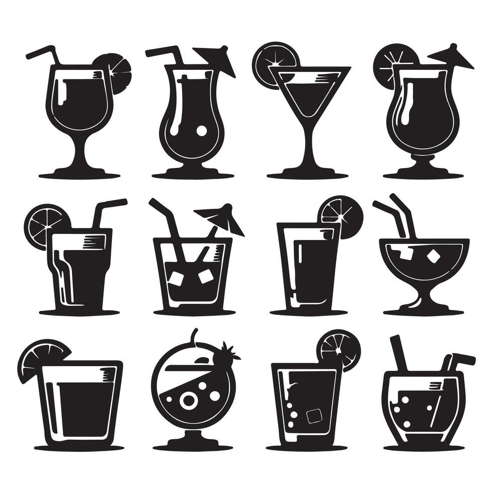Set of icons of various black drink glasses image with white background vector