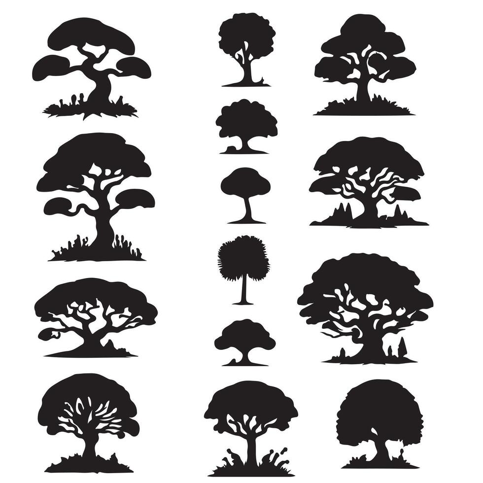 various deciduous trees silhouettes on the white background vector