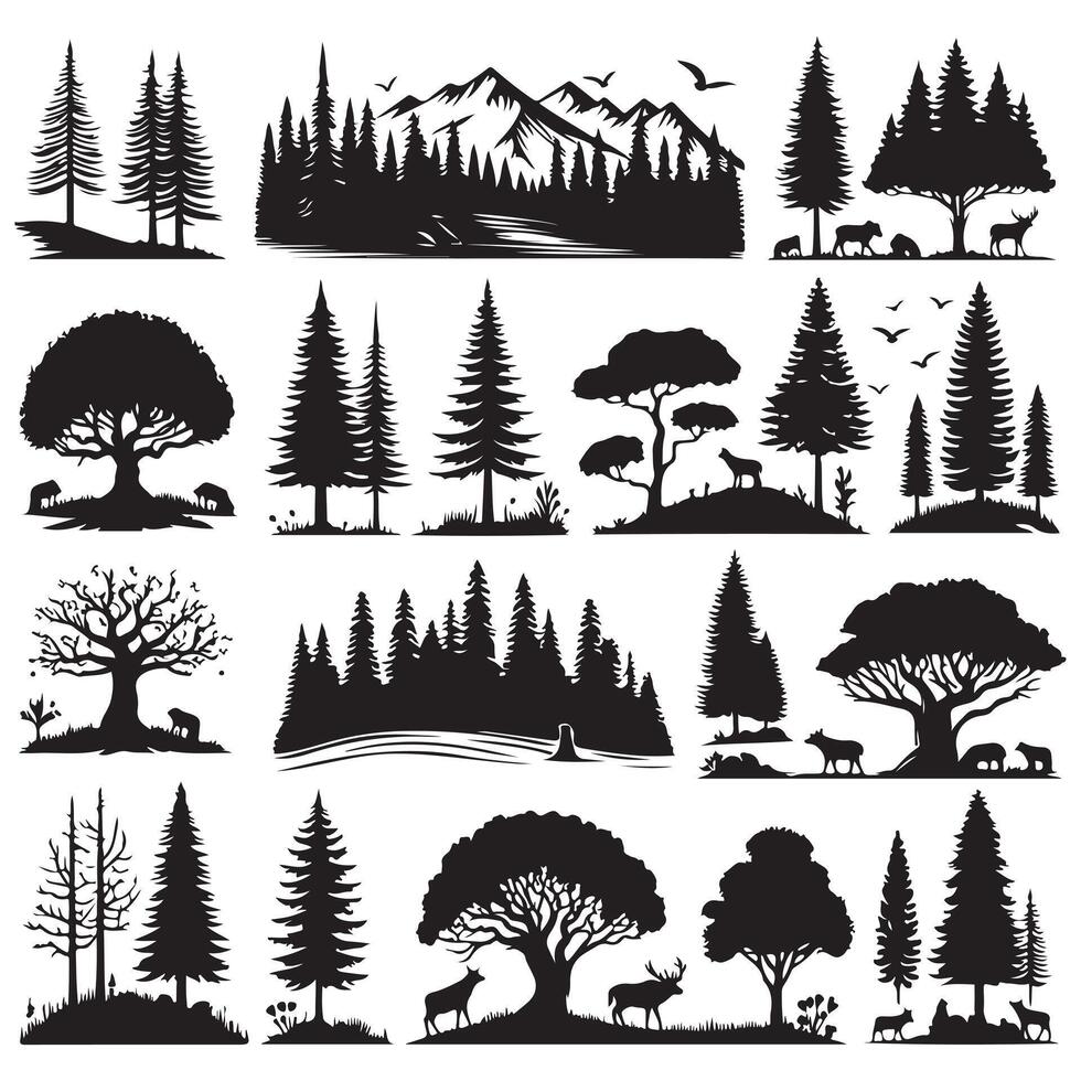 Silhouettes of forests set with white background vector
