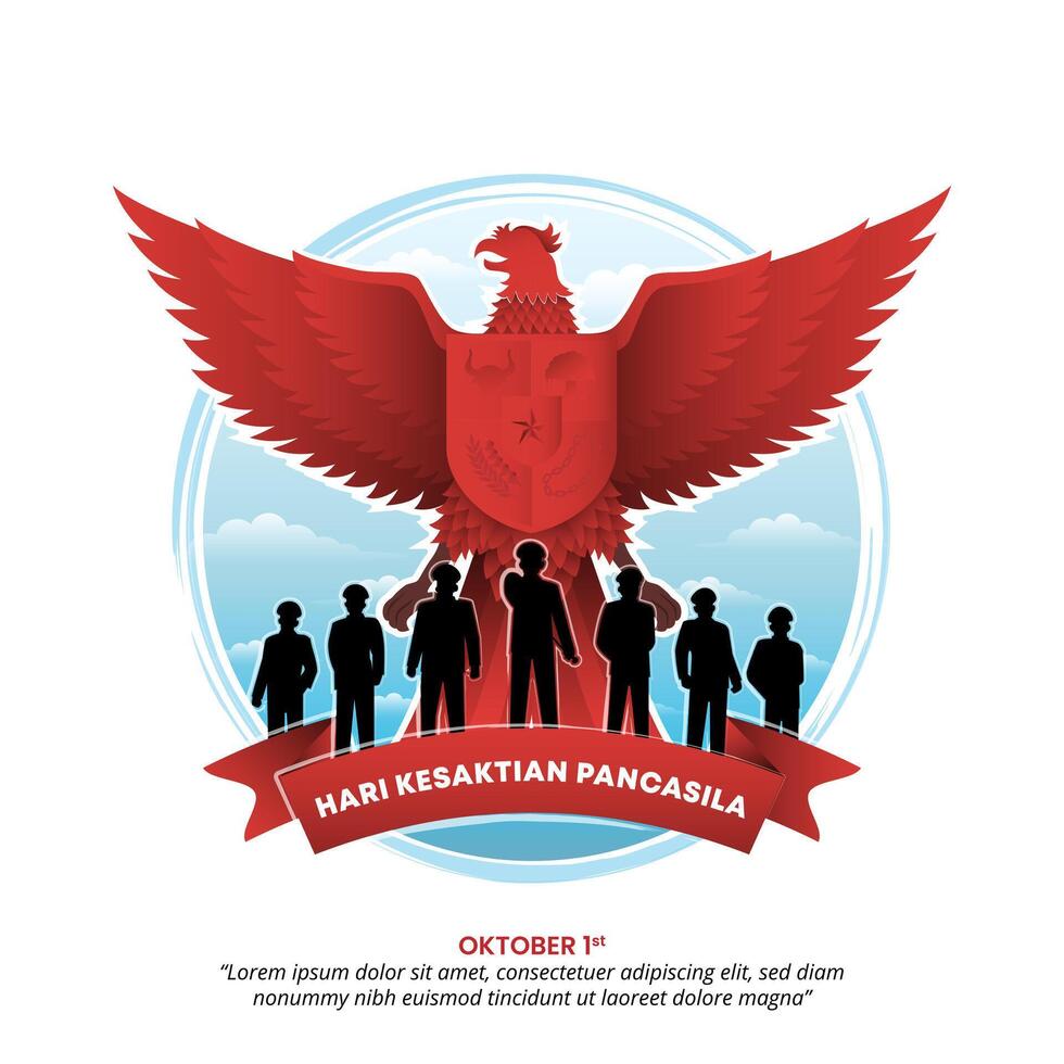 Hari Kesaktian Pancasila or Pancasila Sanctity Day background with a Garuda and heroes vector