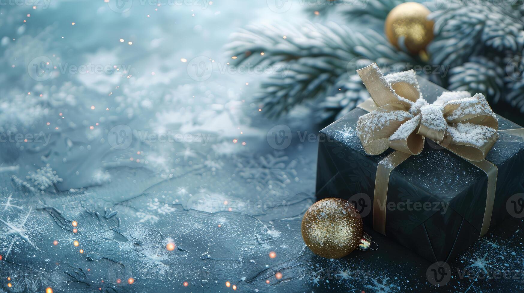 Christmas background with copy space. A gift box with a bow and a Christmas tree branch behind photo