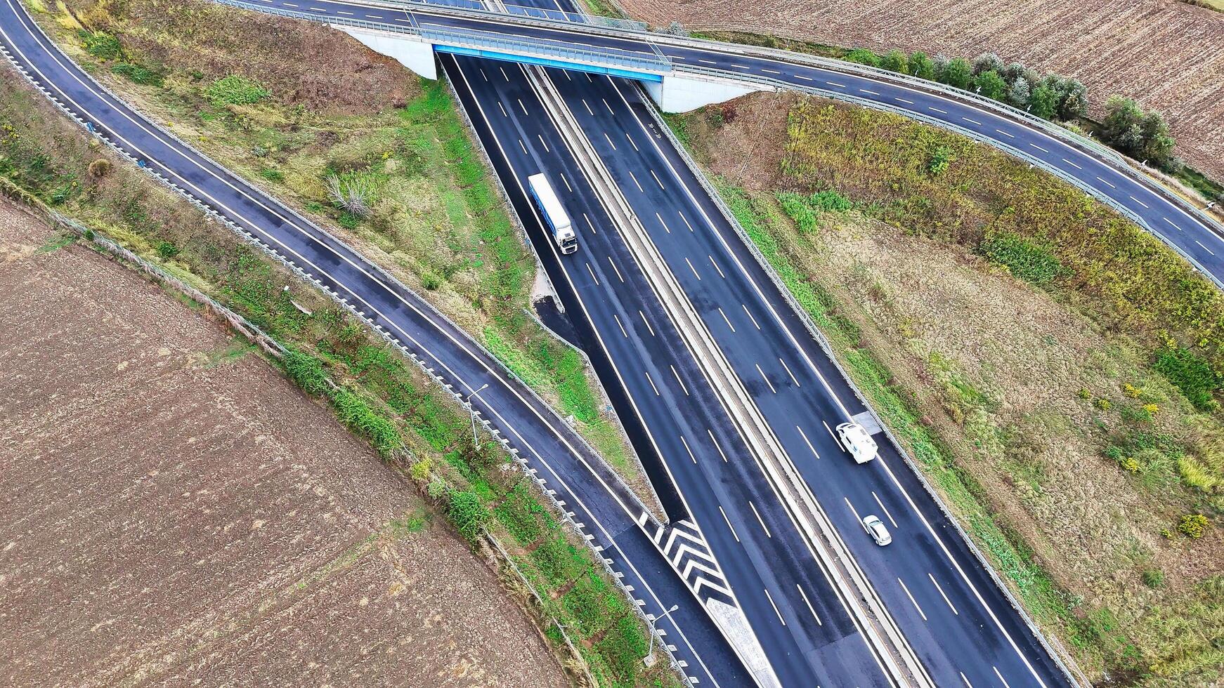 Arial view of Modern transportation with Expressway Road highway Top view. Important infrastructure. photo