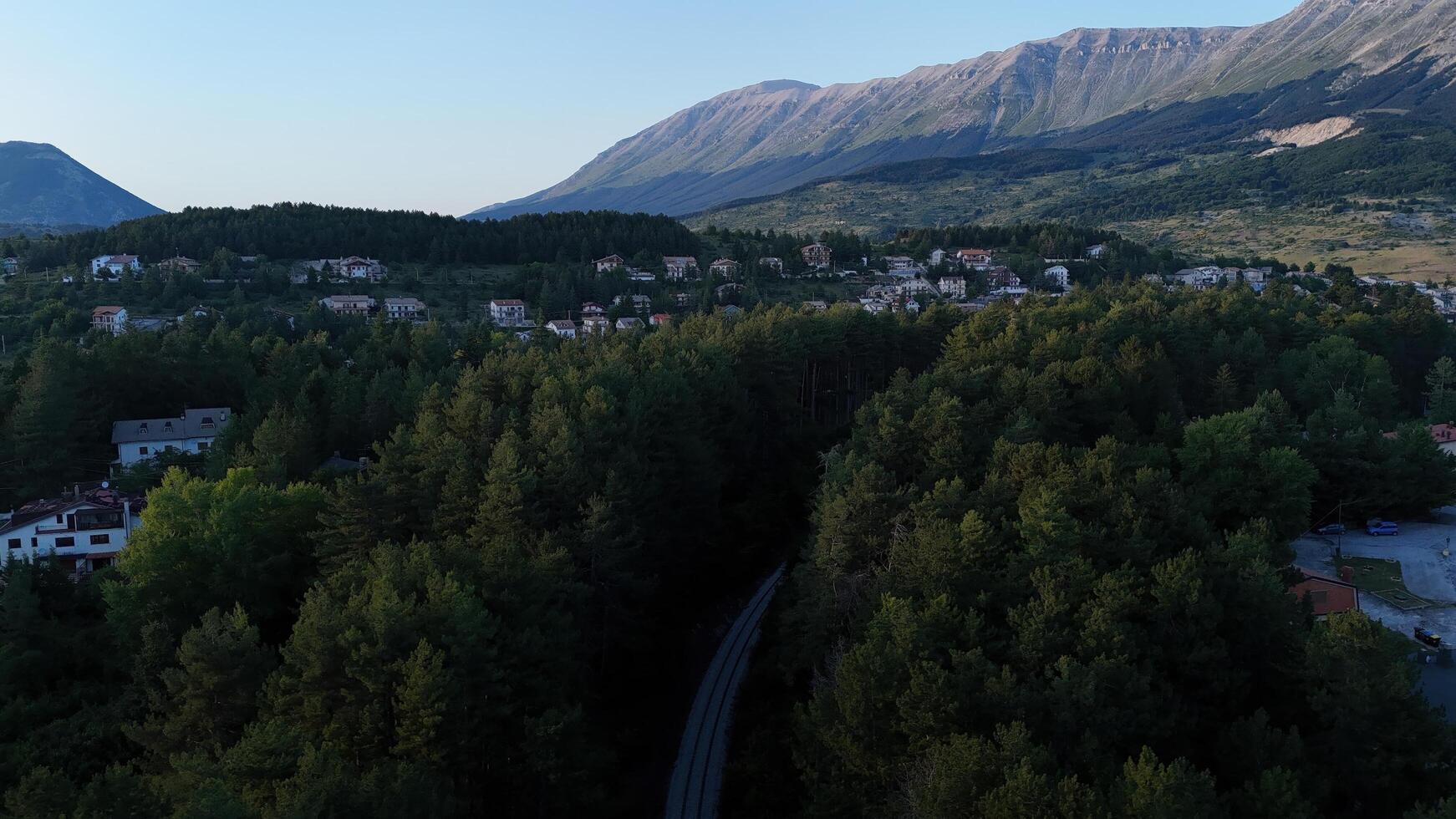 Breathtaking aerial view of lush pine forests and picturesque mountain landscape in early evening light photo