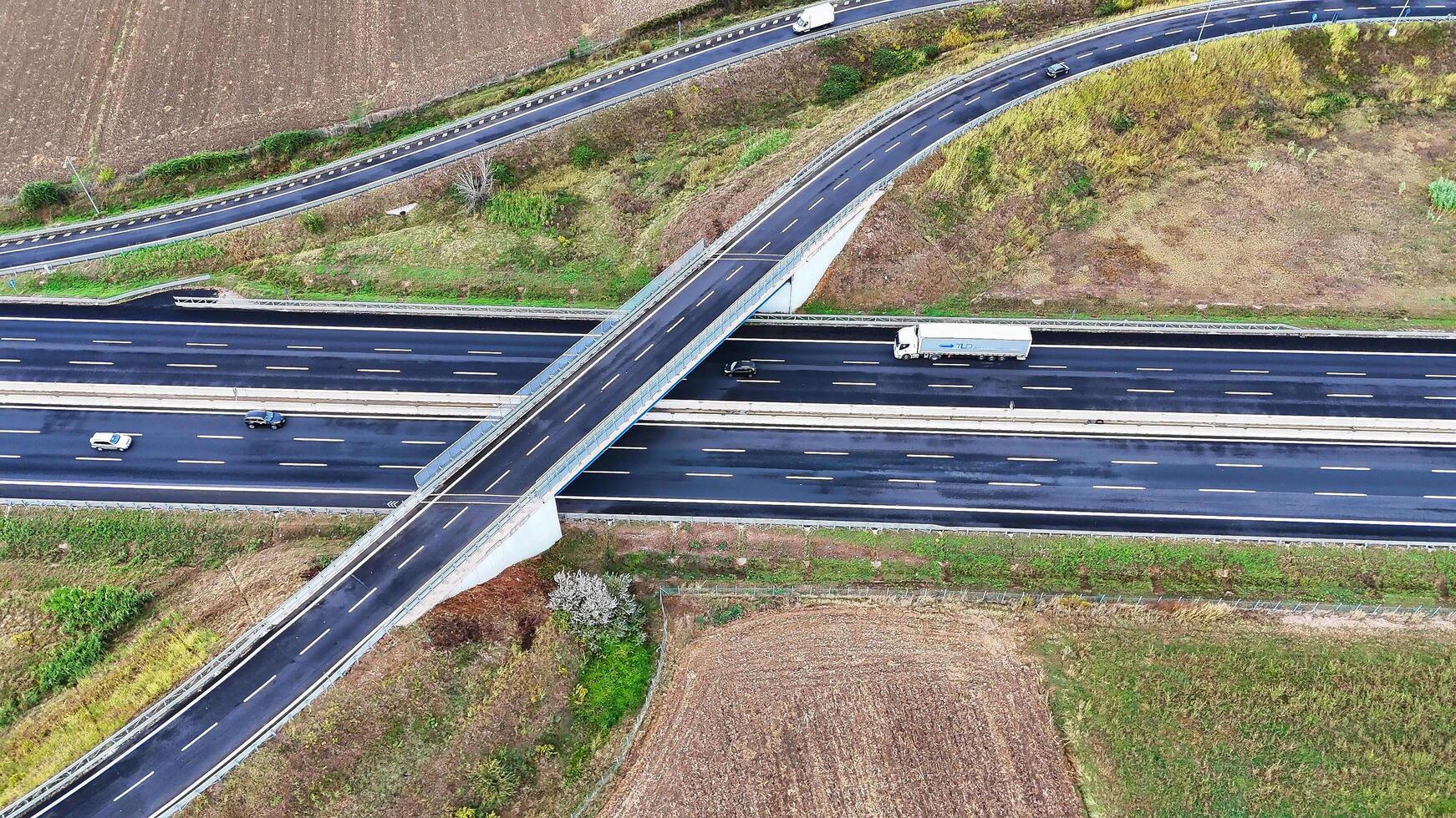 Arial view of Modern transportation with Expressway Road highway Top view. Important infrastructure. photo