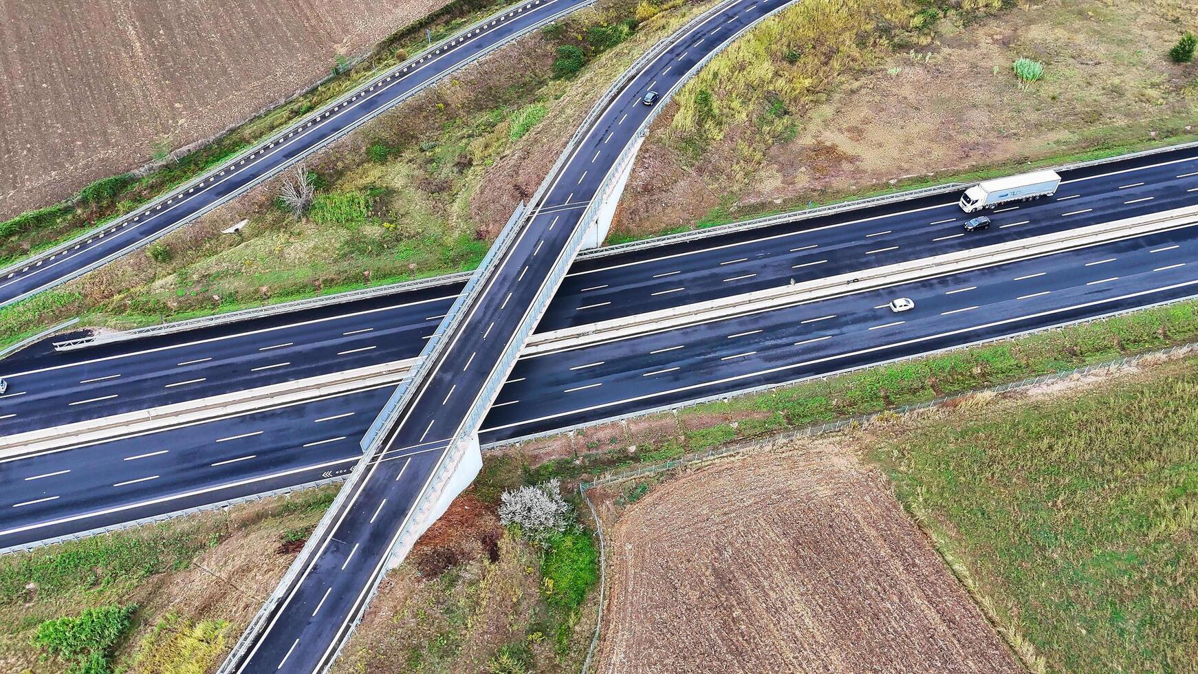Arial view of Modern transportation with Expressway Road highway Top view. Important infrastructure. photo