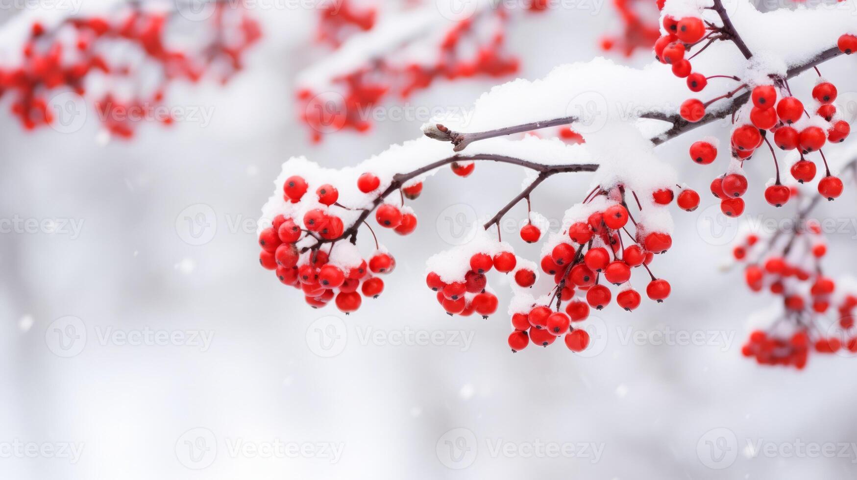 Red winter berries on tree branches during snowfall. Neural network photo