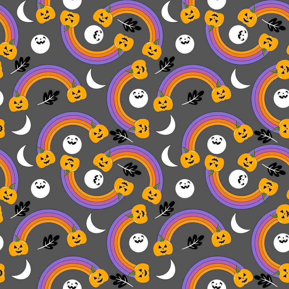 Rainbow Halloween with pumpkin moon in Fall background vector