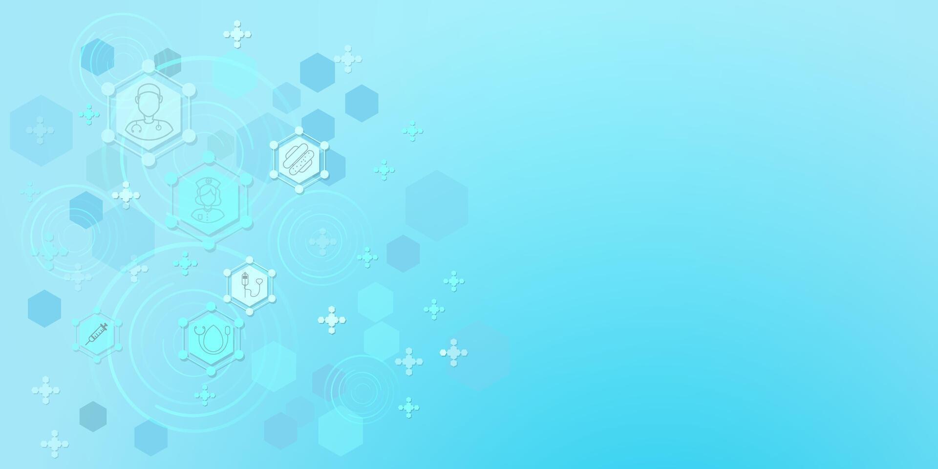 Medical research and technology with hospital icon and hexagon blue light background. vector