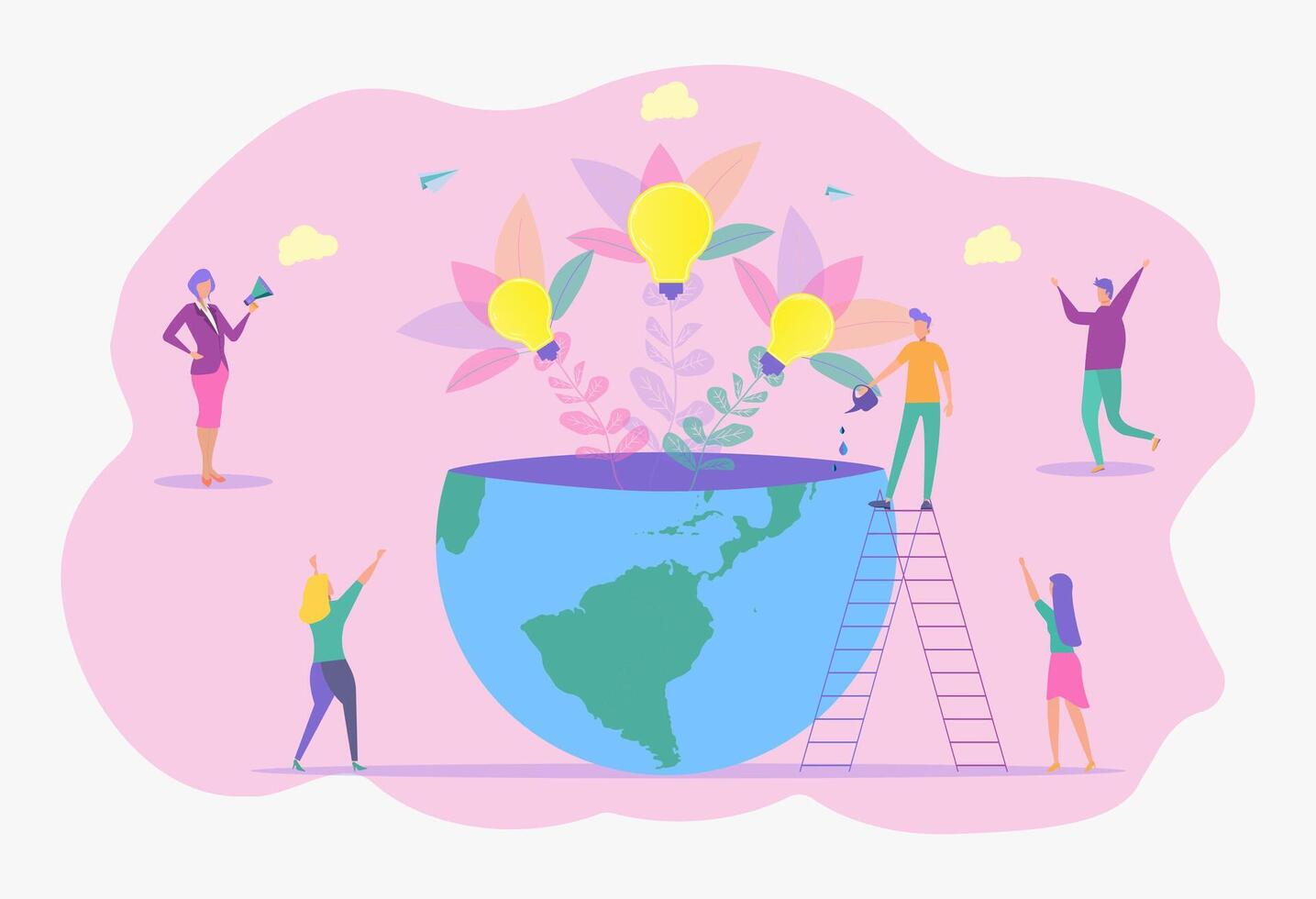 Metaphor of the birth of a creative business idea. business concept analysis. illustration of people grow plants in pots. vector