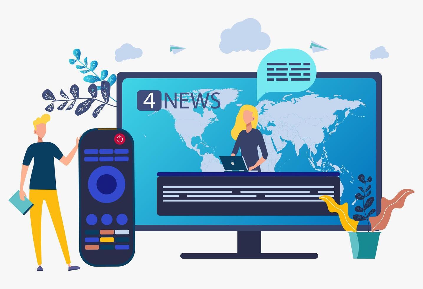 Press, media, news studio. Journalists, reporters telling hot news. Hot online information, breaking news, news headline content concept. Colorful illustration vector