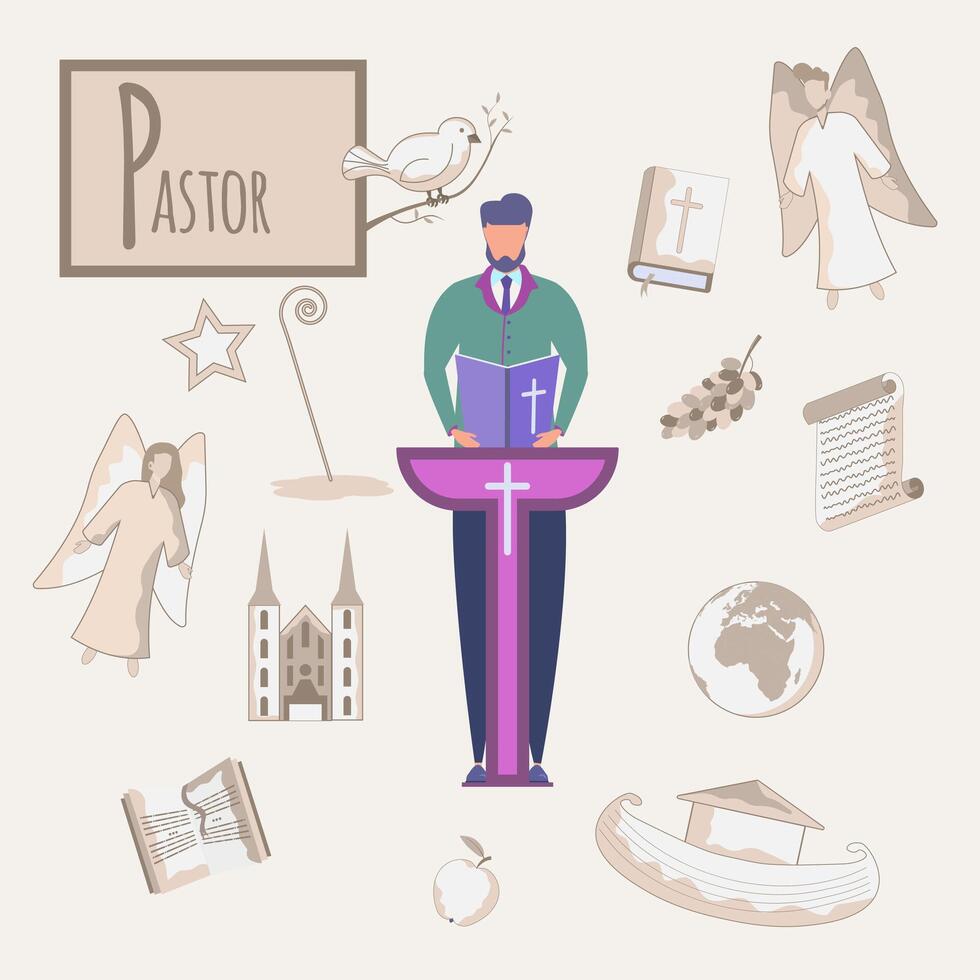 Colorful alphabet. Book of professions. Profession Pastor. Letter P vector