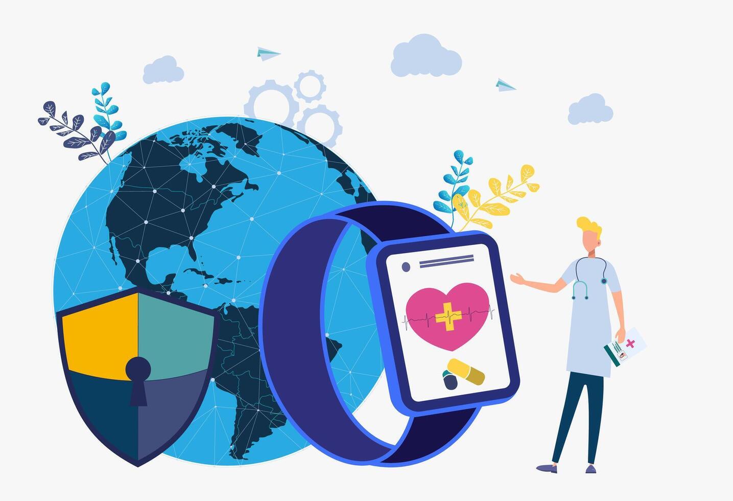Doctor and smart watch with a heart and medical symbols. Health diagnostics Smartwatch and health monitor, concept of tracking physical activity on the human body. Site template vector