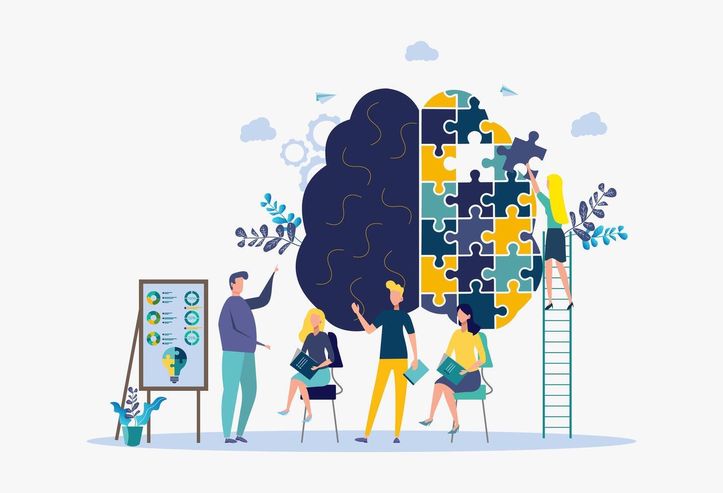 A woman puzzles a human brain. Psychology and psychotherapy session, mental healing and well-being, psychotherapist counseling mental illness and difficulties. vector