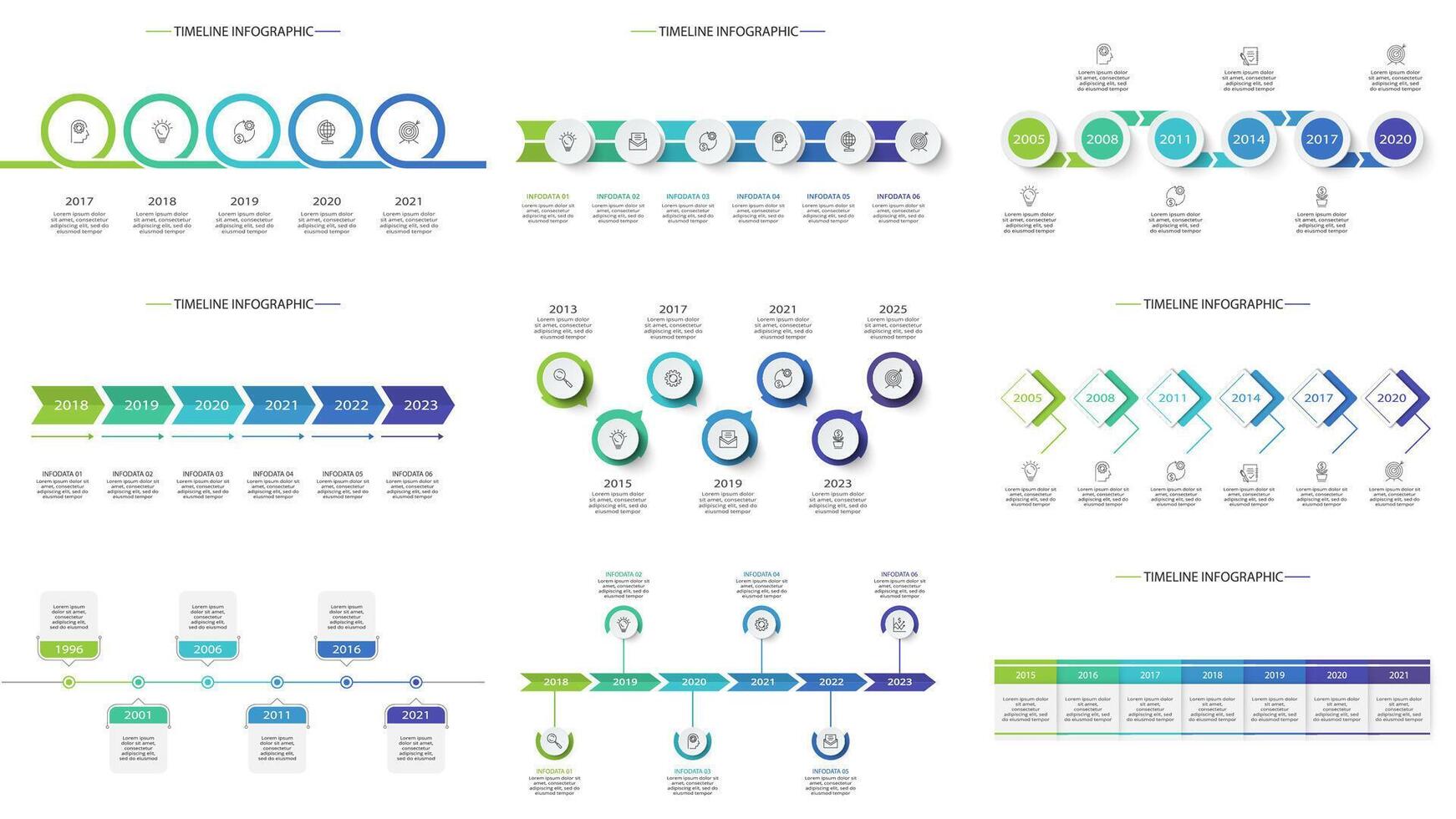 Timeline set with 5, 6, 7 elements, infographic template for web, business, presentations, illustration. vector