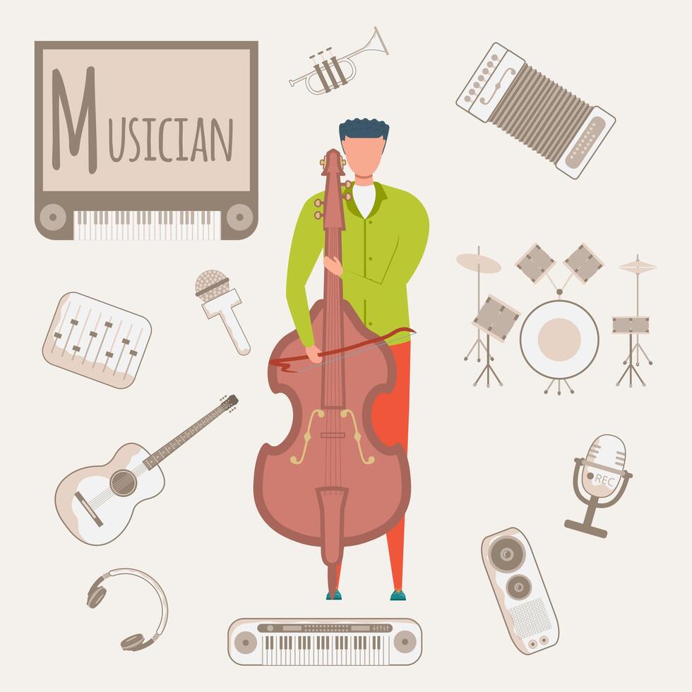 Colorful alphabet. Book of professions. Profession Musician. Letter M vector