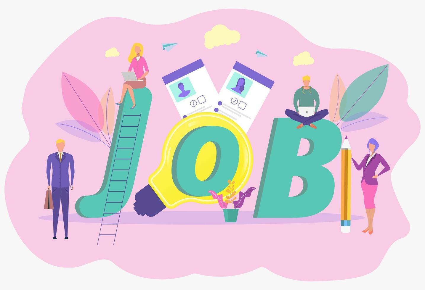 Job search, recruitment, workgroup, web graphic design. Summary. Resume. Colorful Illustration vector