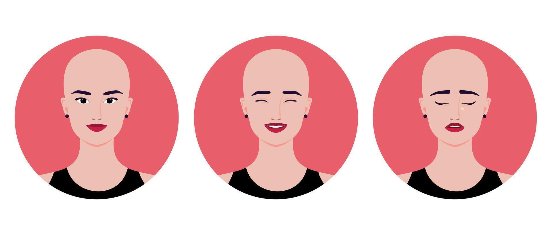 Set of avatars of beautiful bald young woman. Smiling, crying and laughing bald girl vector