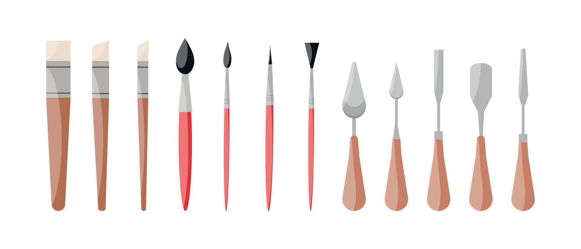 Set of various shaped paint brushes and palette knifes. Painting tools icons vector
