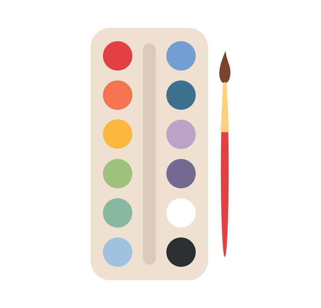 Bright paints in box with paint brush. Painting tools, art supplies vector