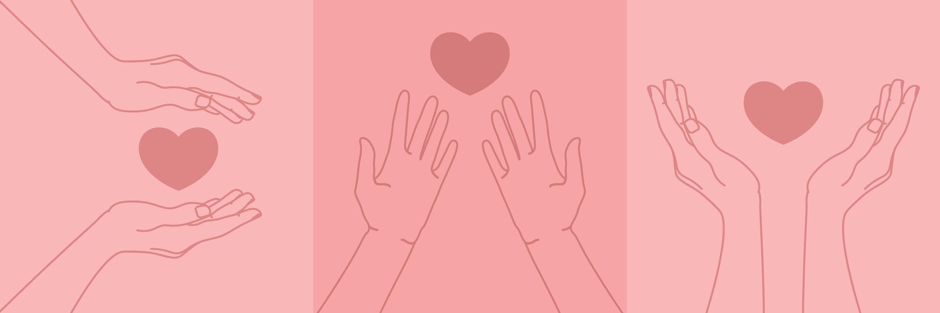 Set of Human hands holding a heart. Love and care emblem. Cupped hands outline vector