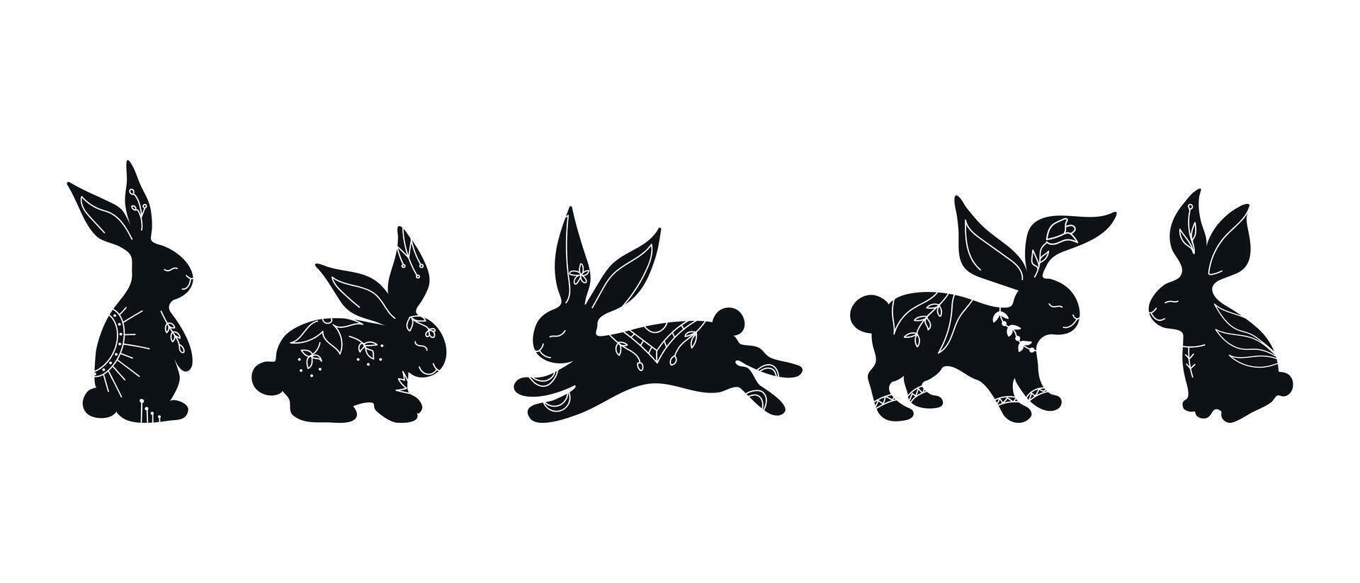 Set of rabbit silhouettes in different poses. Hand drawn rabbits decorated with white ornament with botanical elements vector