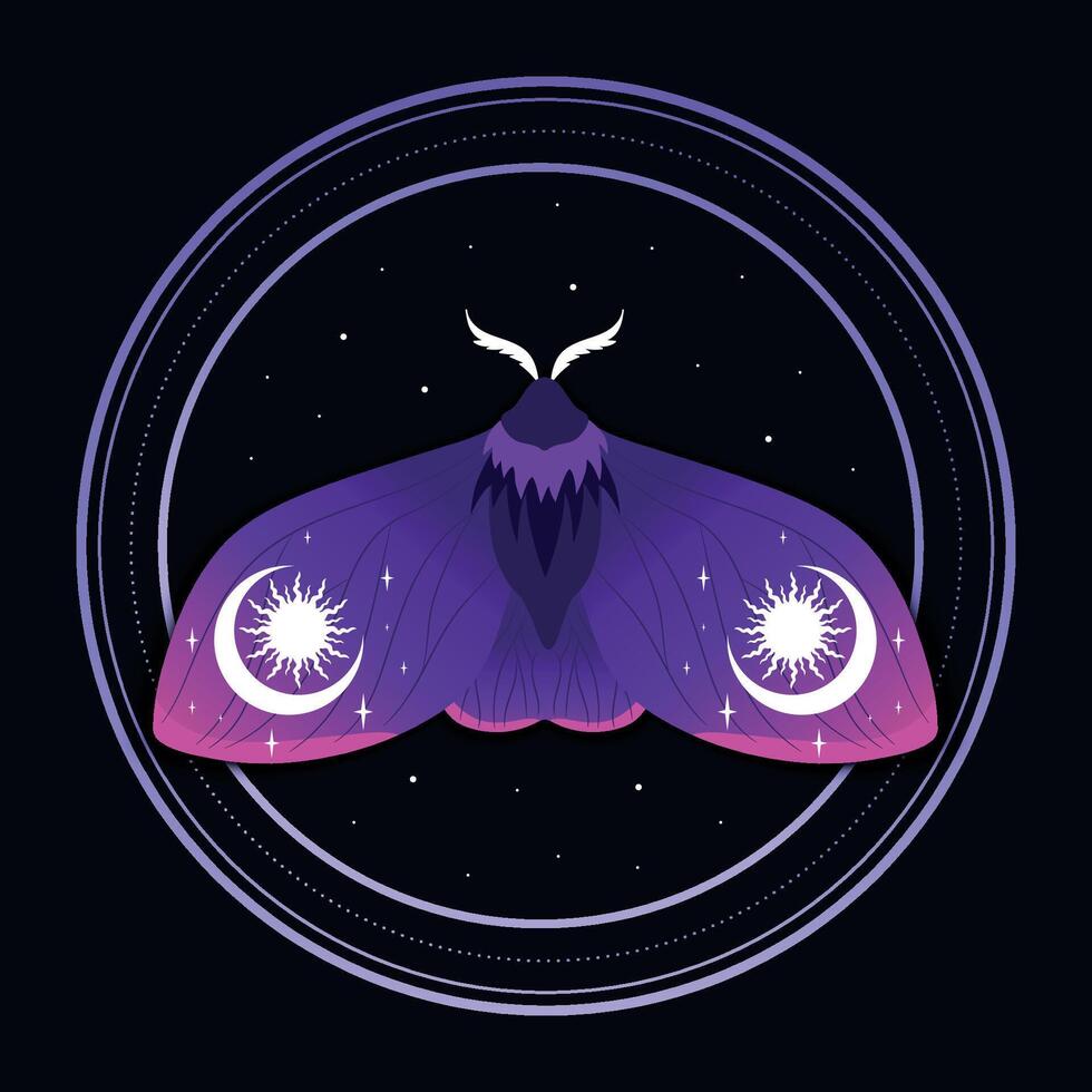 Celestial background with a purple moth. Butterfly decorated with sun and crescent elements vector
