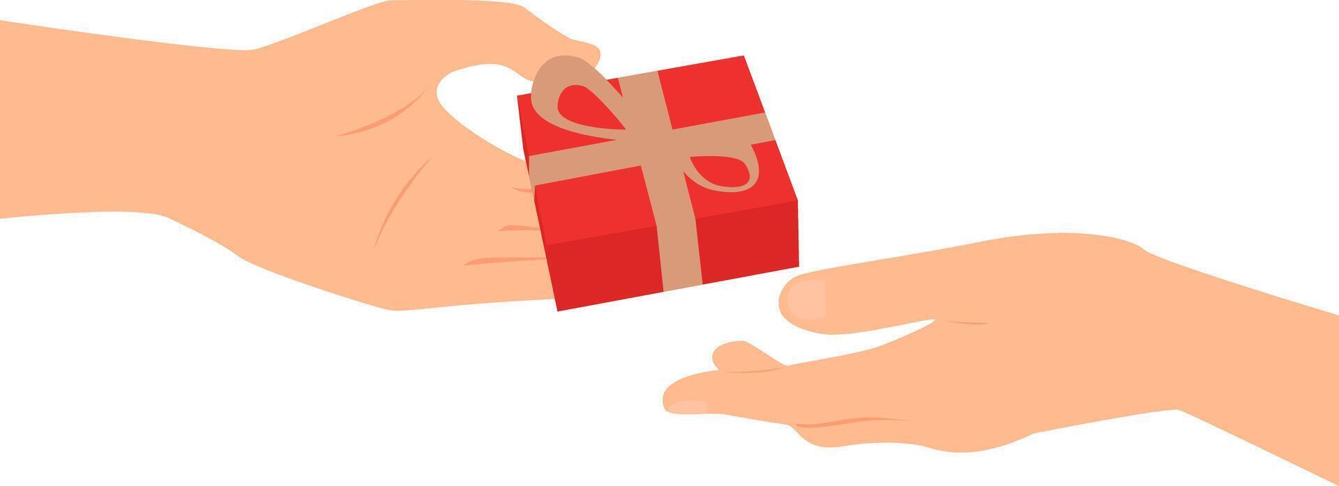 Hand giving present box to another hand. vector
