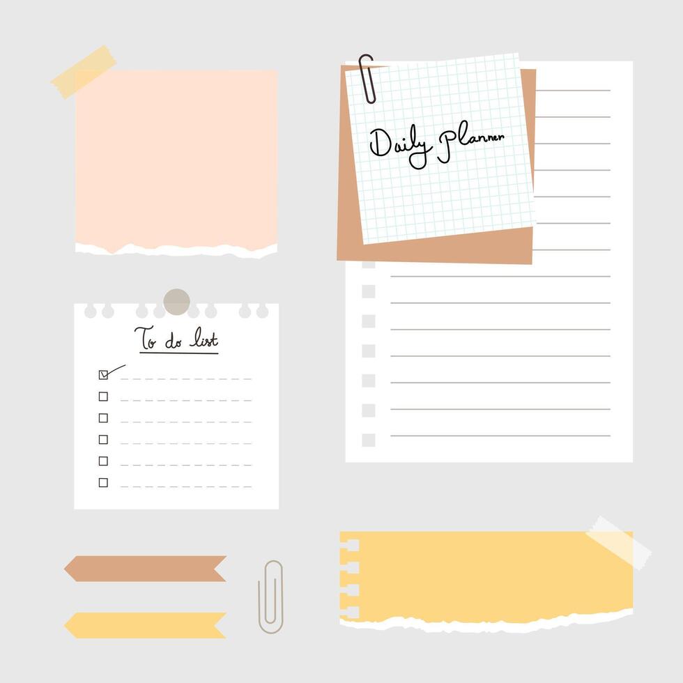 Set of paper sheets, Torn paper Line note papers. with Scotch taped and paperclip vector