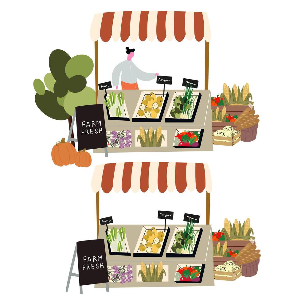 Farmers market. Fall harvest illustrations. Flat characters and wooden colorful marketplace tents with natural farm produce. Food market stalls with fruits, vegetables, fish and meat vector