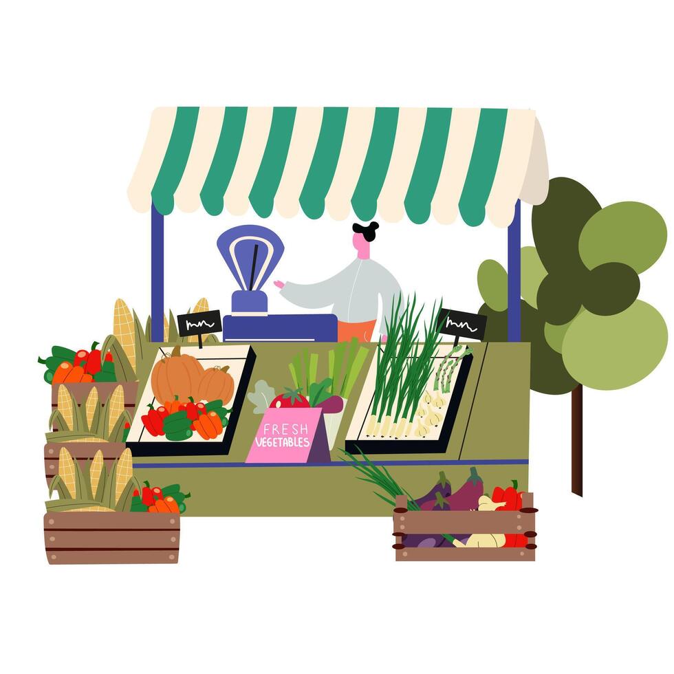 Farmers market. Fall harvest illustrations. Flat characters and wooden colorful marketplace tents with natural farm produce. Food market stalls with fruits, vegetables, fish and meat vector