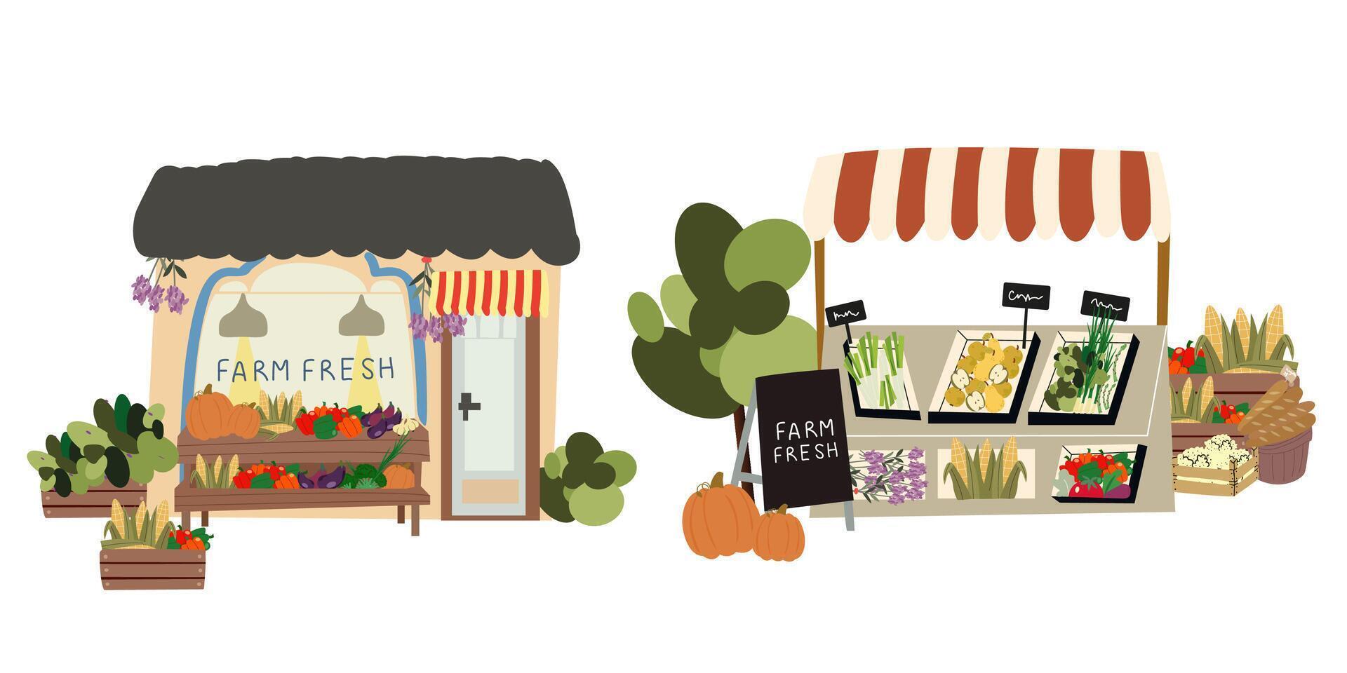 Farmers market flat background. Natural farm food. City shopping building illustrations set. vegetable shop and wooden marketplace tents with natural farm produce vector