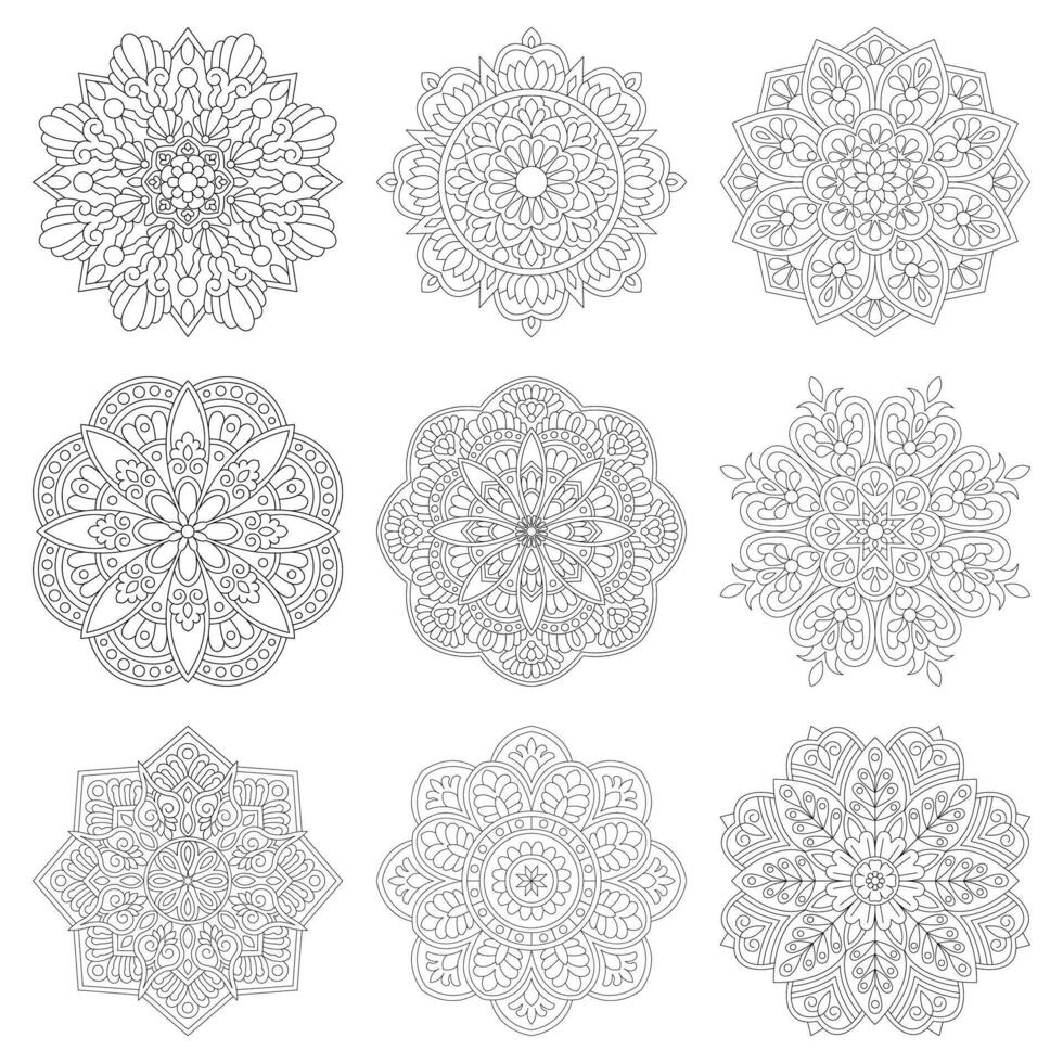 Monochrome Set of Mandalas coloring book page vector