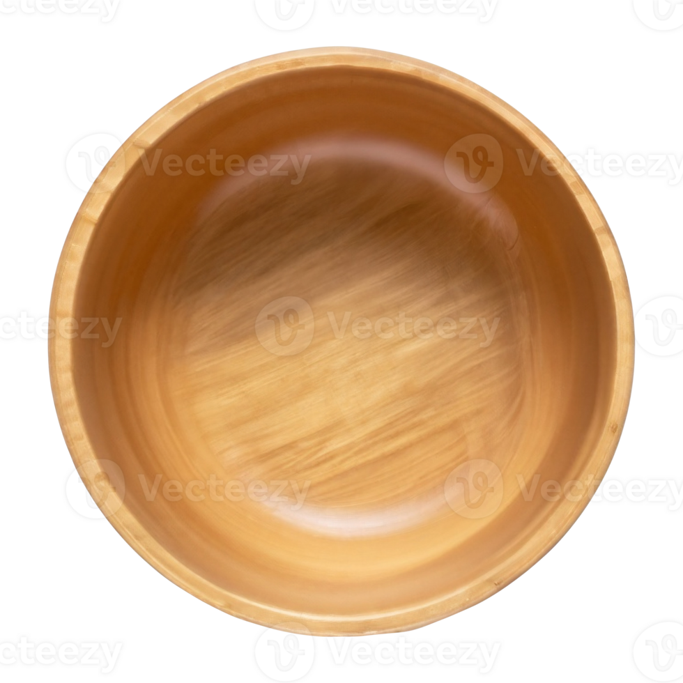 Top view of empty wooden bowl isolated on background. Clean plate cut out. png
