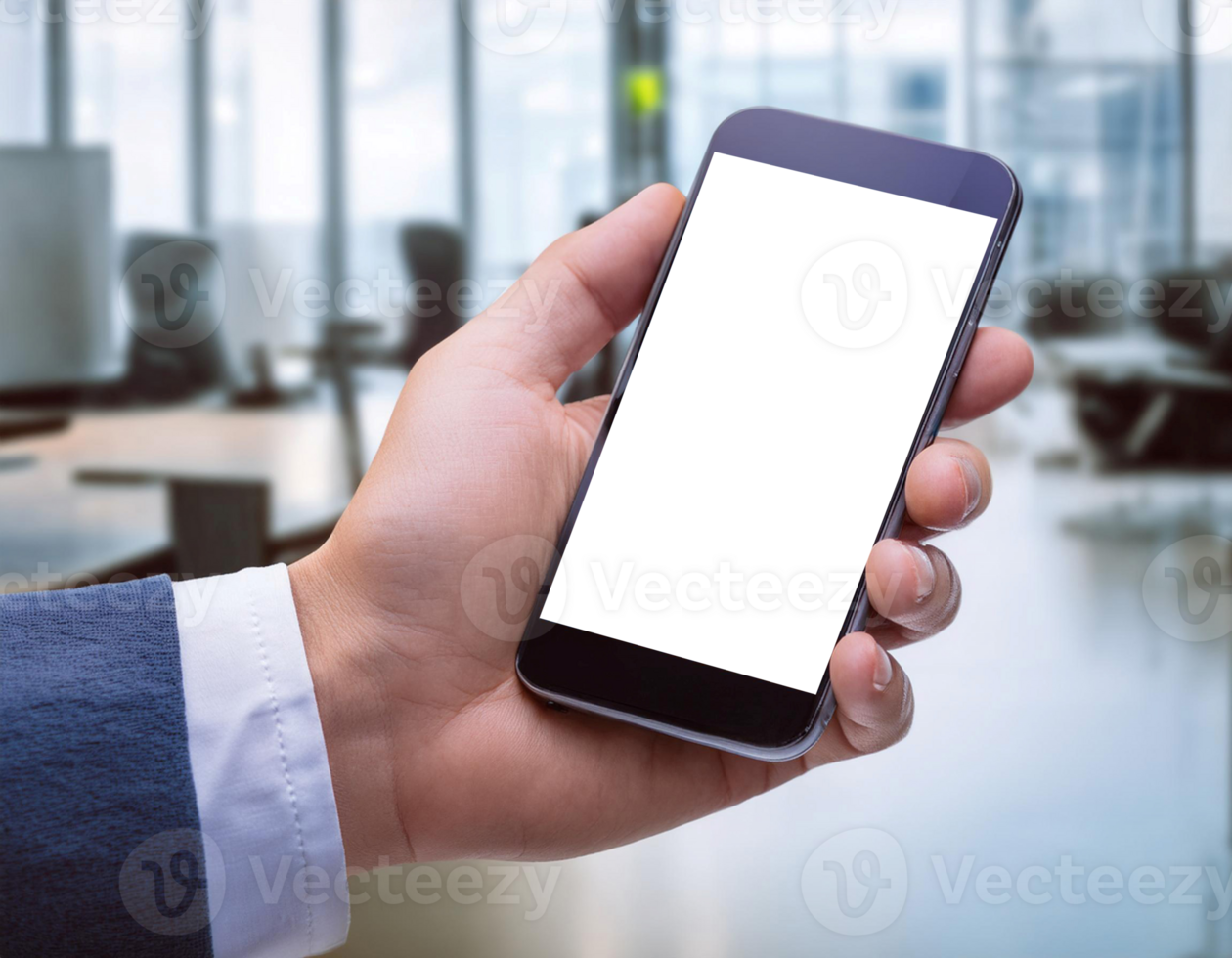 Man Holding Smartphone With Digital Wallet Interface in Modern Office Setting png