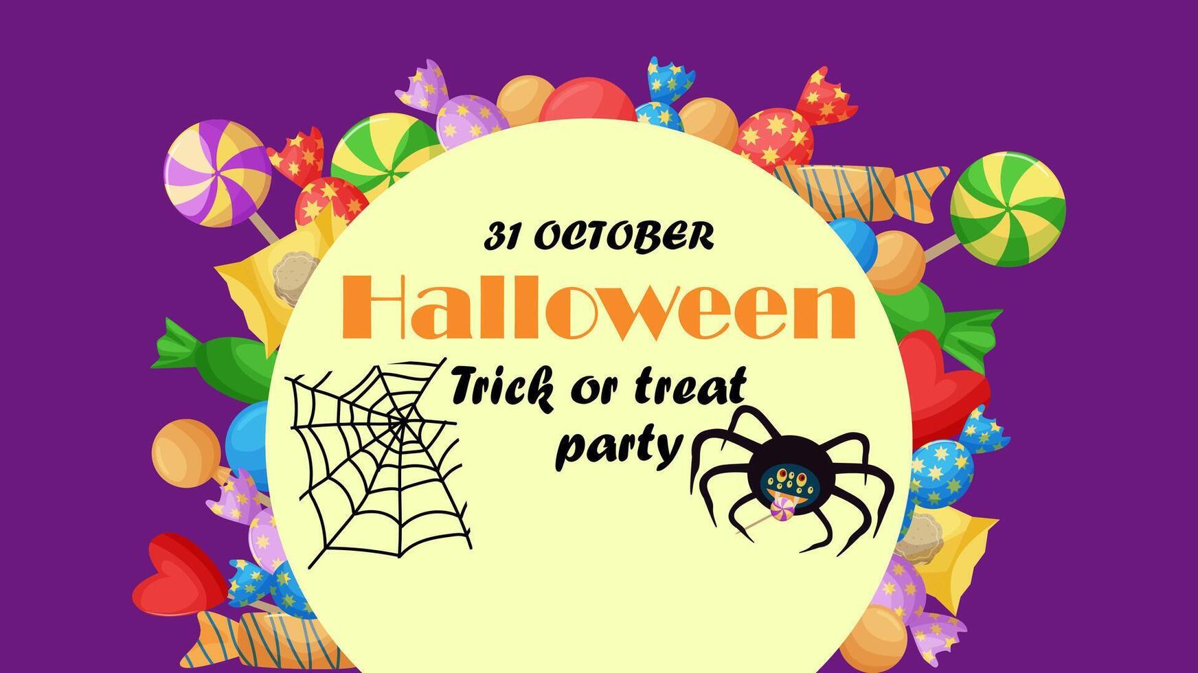 Happy Halloween invitation flyer. Halloween party Banner. Trick or treat party. Cobweb and spider with a candy cane in a yellow circle on a purple background with sweets. Candies and lollipops. vector