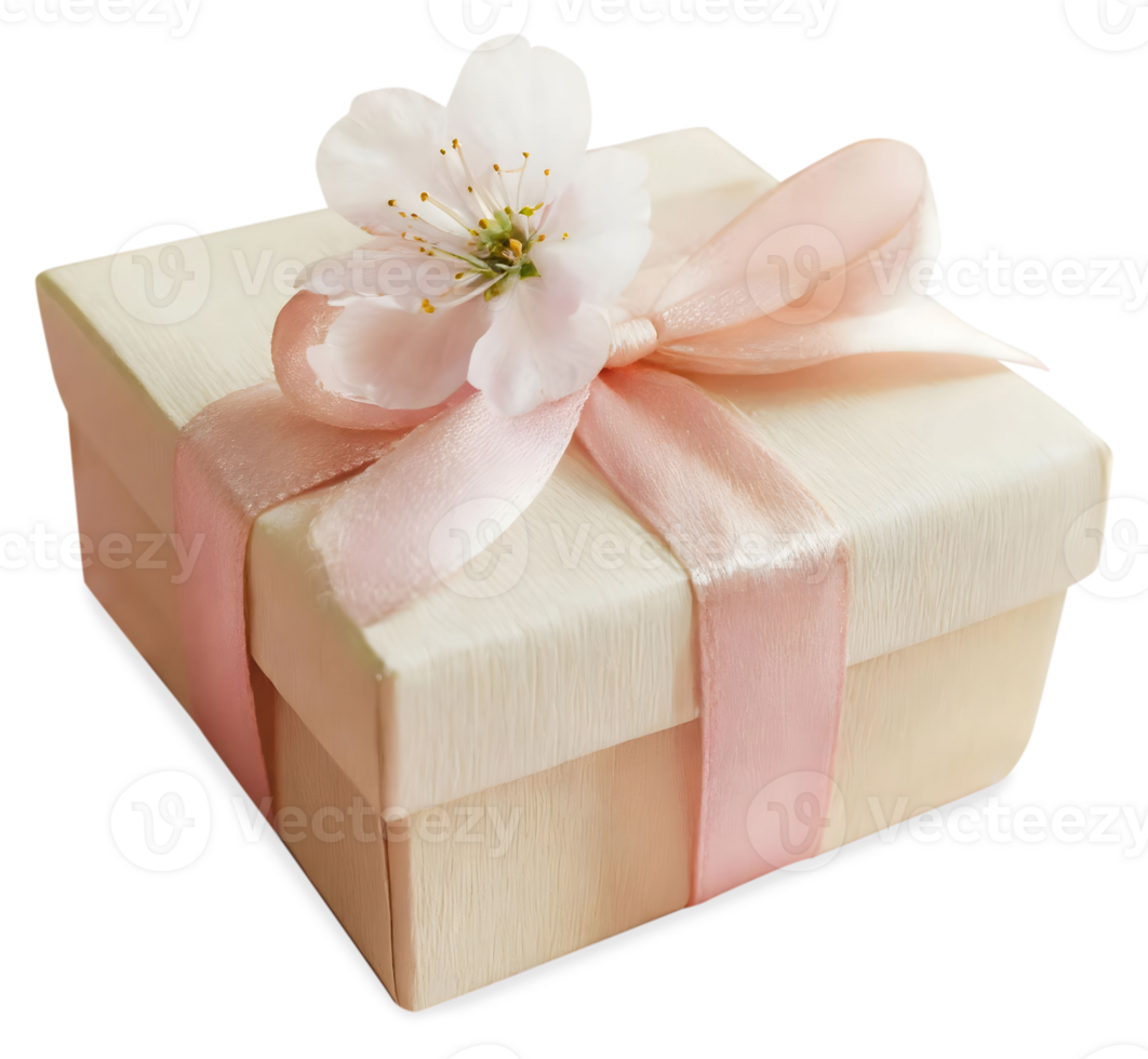 Cardboard gift box decorated with ribbon and flowers. Romantic present for love date. Design for wedding invitation and print card. png