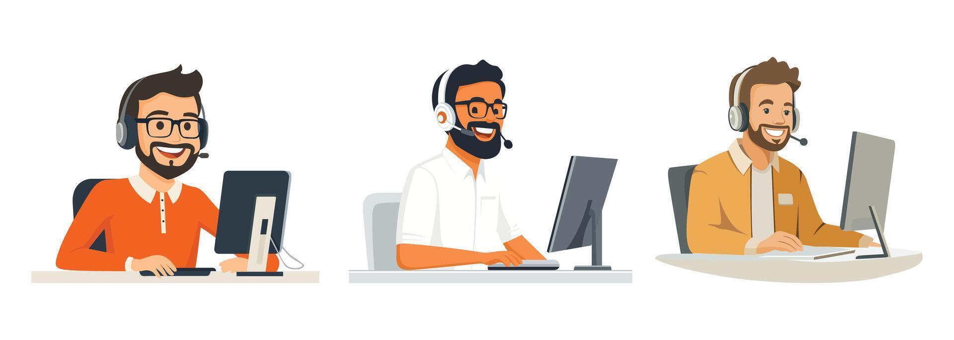 Set of illustration of a smiling customer support agent on white background vector