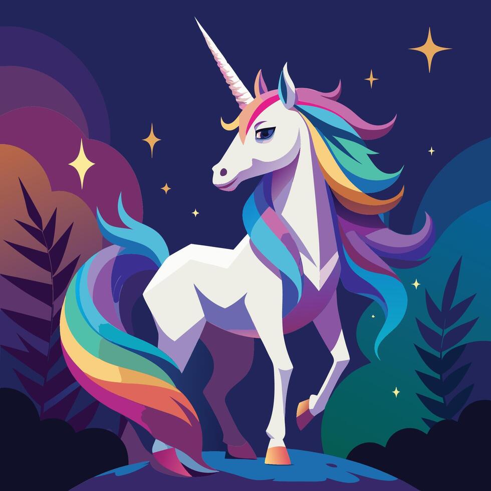 a cartoon unicorn standing on a hill with stars in the background vector