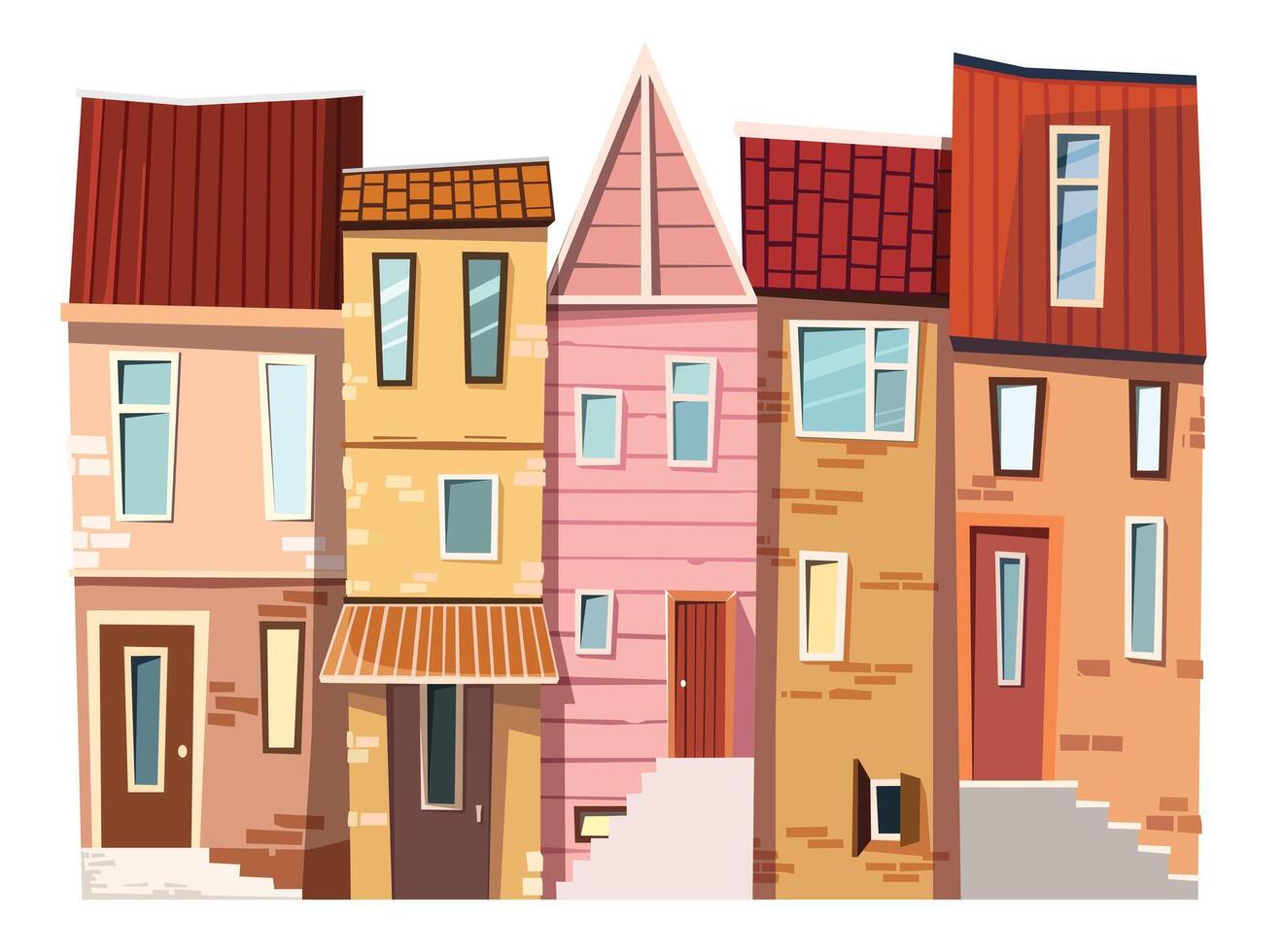 Old town street view facade illustration. Cute cozy colorful tiny houses with tiled roof and tall windows vector