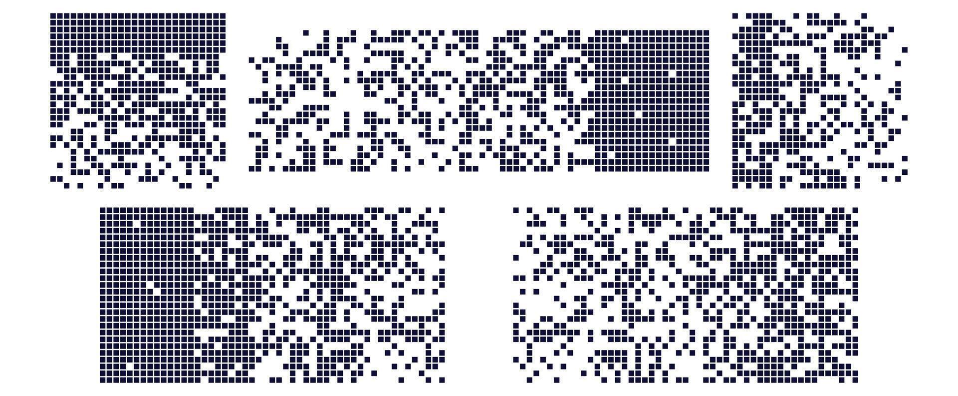 Pixel disintegration background with decay effect. Design featuring dispersed square particles creating a disintegration look. Set of pixel mosaic textures on a white background. illustration. vector