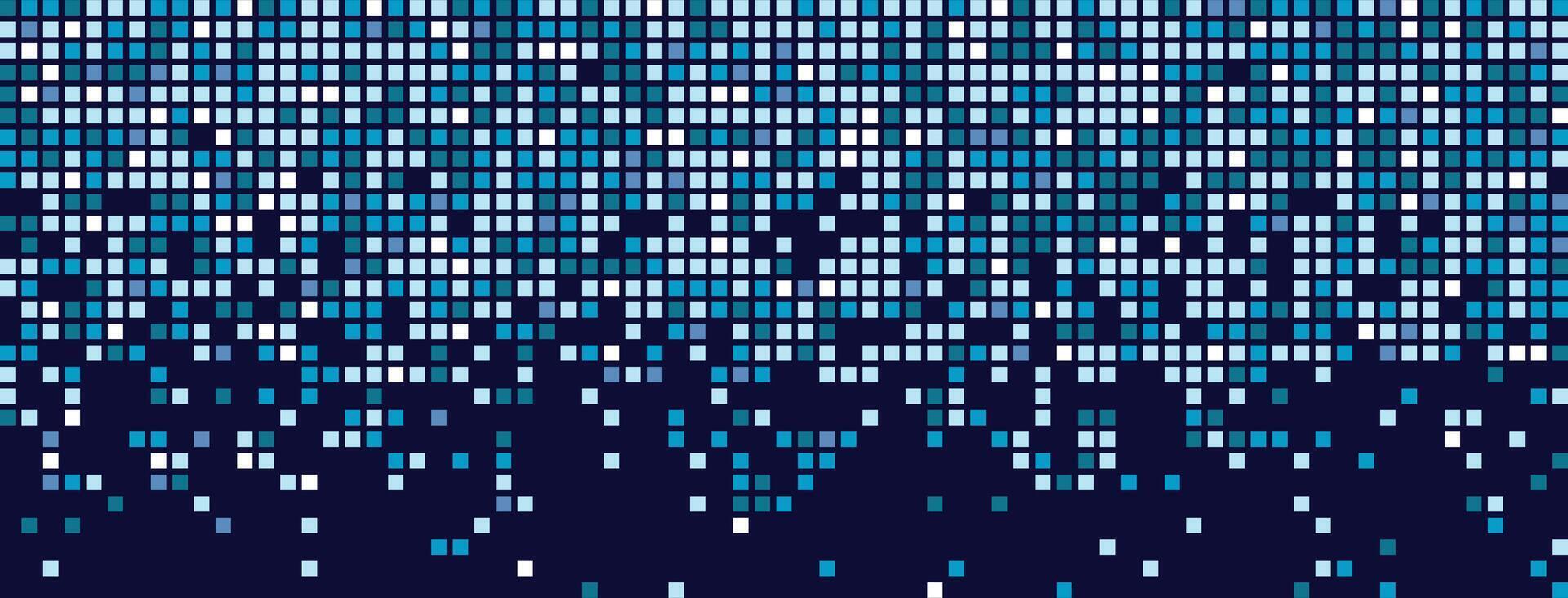 Digital backdrop with dissolving rectangular dots and gradient mosaic texture. Dark abstract background made of blue pixels. ector illustration of a grid of geometric square elements. vector