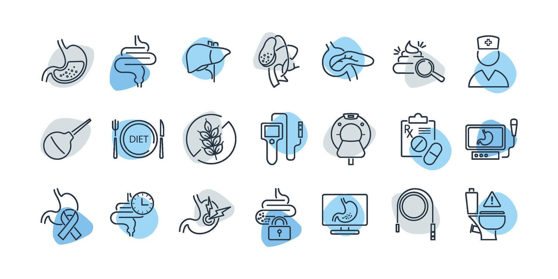 Gastroenterology line icon set. Liver, gallbladder, pancreas, gluten free diet, diarrhea, feces, ct, digestion, ultrasound, ulcer, duodenum, bile illustration. vector