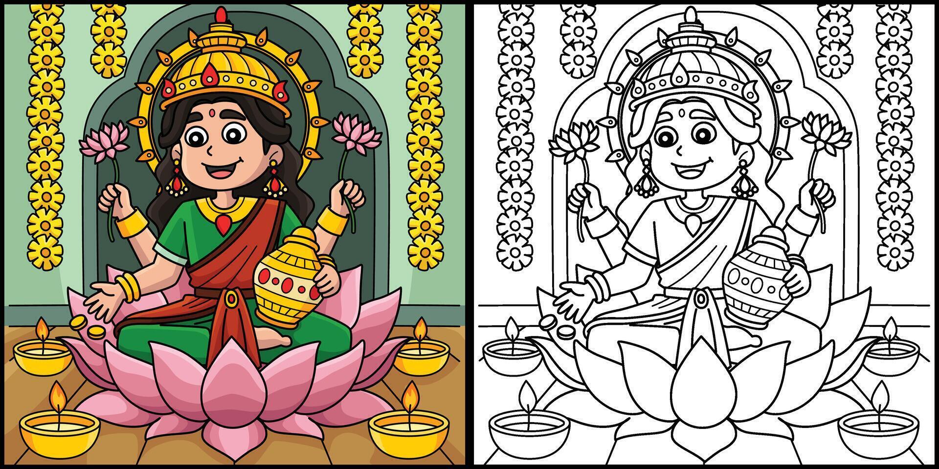 Diwali Lakshmi Coloring Page Colored Illustration vector