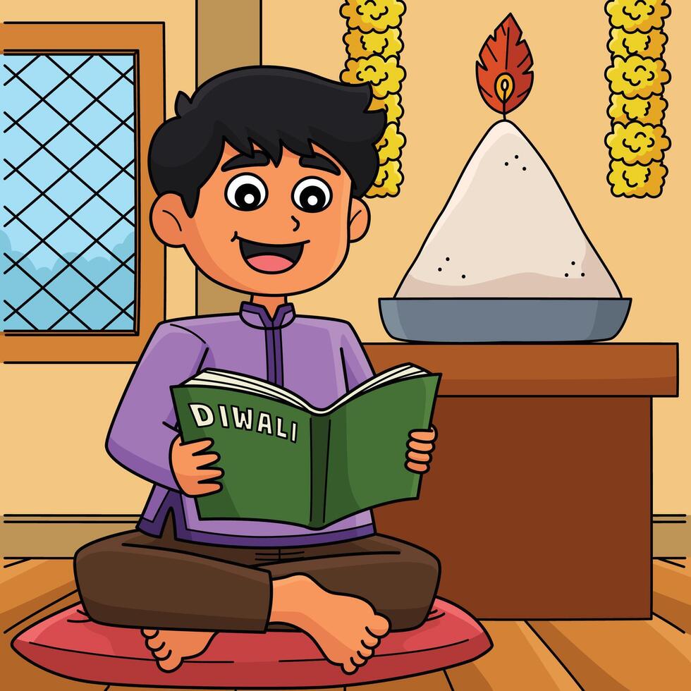 Diwali Child Reading Book Colored Cartoon vector
