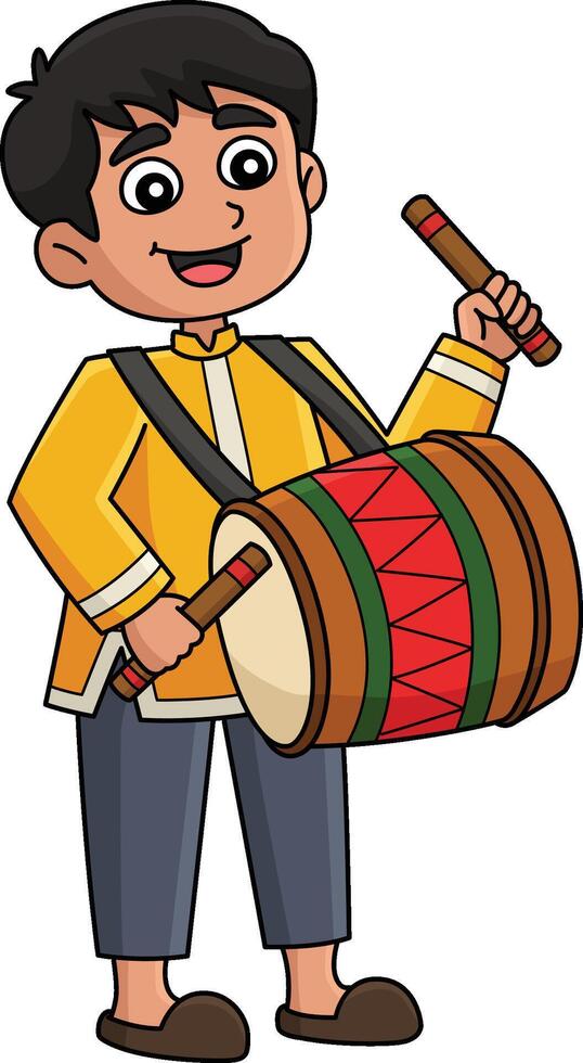 Diwali Child Playing Drums Cartoon Colored Clipart vector