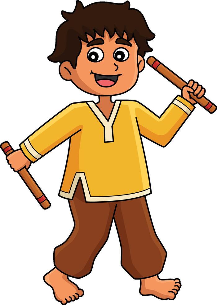 Diwali Festival Boy Dancing with Sticks Clipart vector