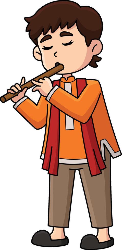 Diwali Child Playing Flute Cartoon Colored Clipart vector