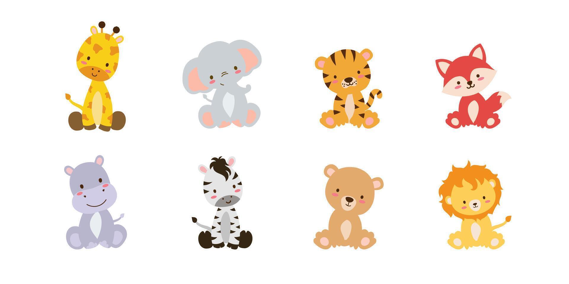 Cute set of safari animals . Savanna and safari funny cartoon sticker animals. Jungle animals set of sticker elements. vector