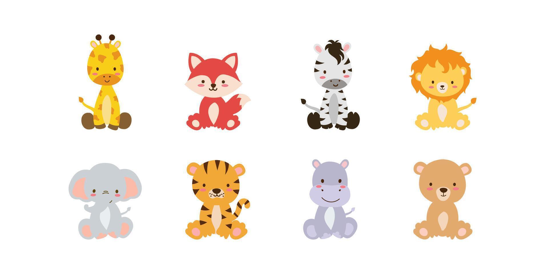 Cute setof safari animals Savanna and safari funny cartoon sticker animals. Jungle animals set of sticker elements. vector